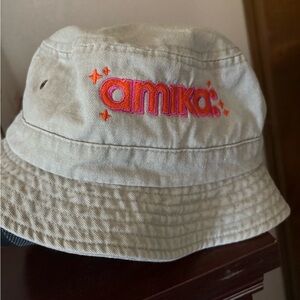 🥳 Amika Tan Bucket Hat with Orange and Pink Embroidered Logo